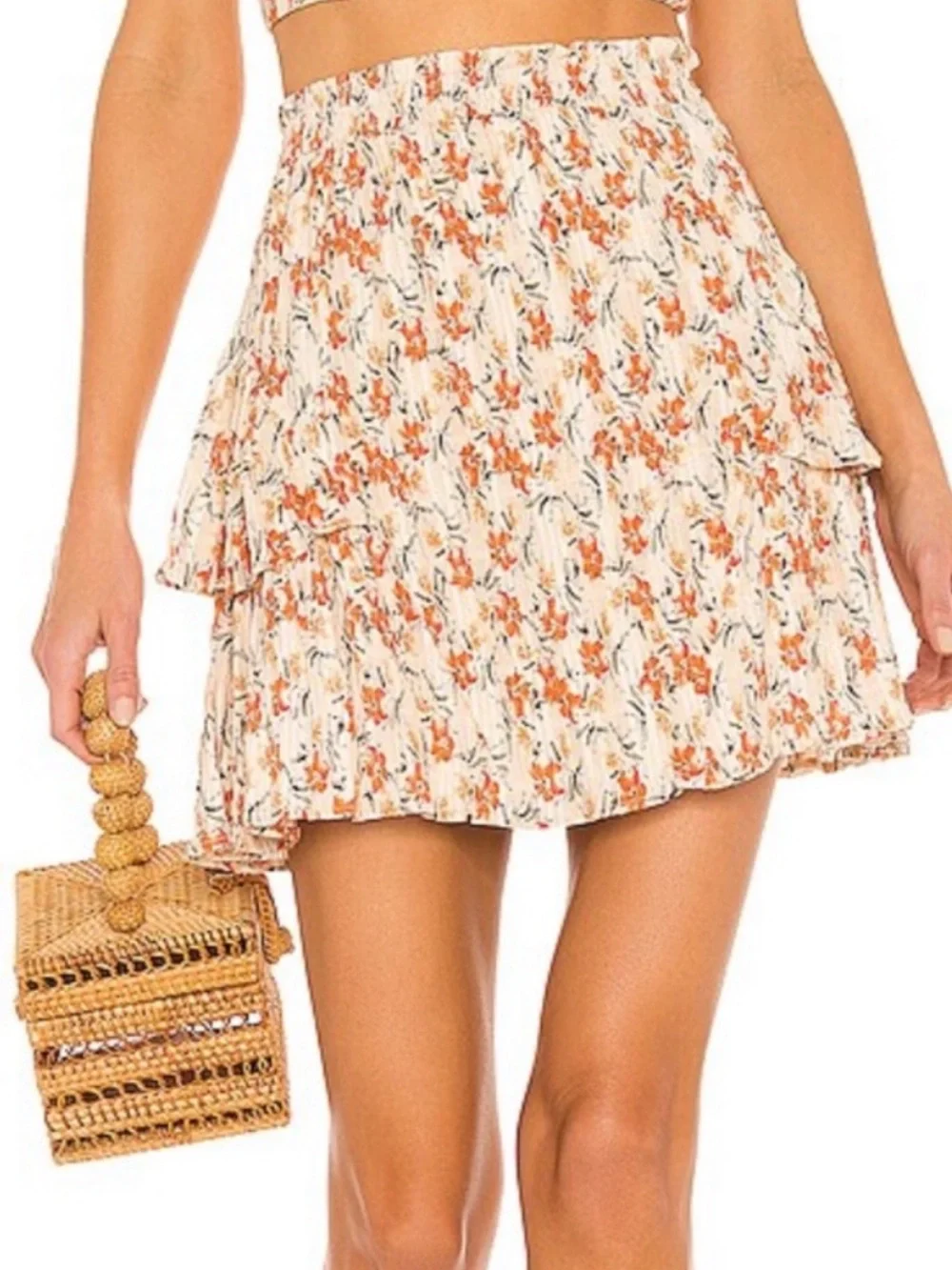 MINKPINK Zahari Floral Tiered Ruffle Mini Skirt in Cream and Rust. Boho S
